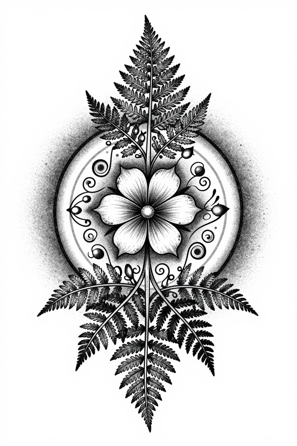 floral ornamental tattoo botanical scientific mandala, symmetrical fern fronds radial composition, stipple dot gradient shading no outlines, four-petal flower center, dense core open outer rings