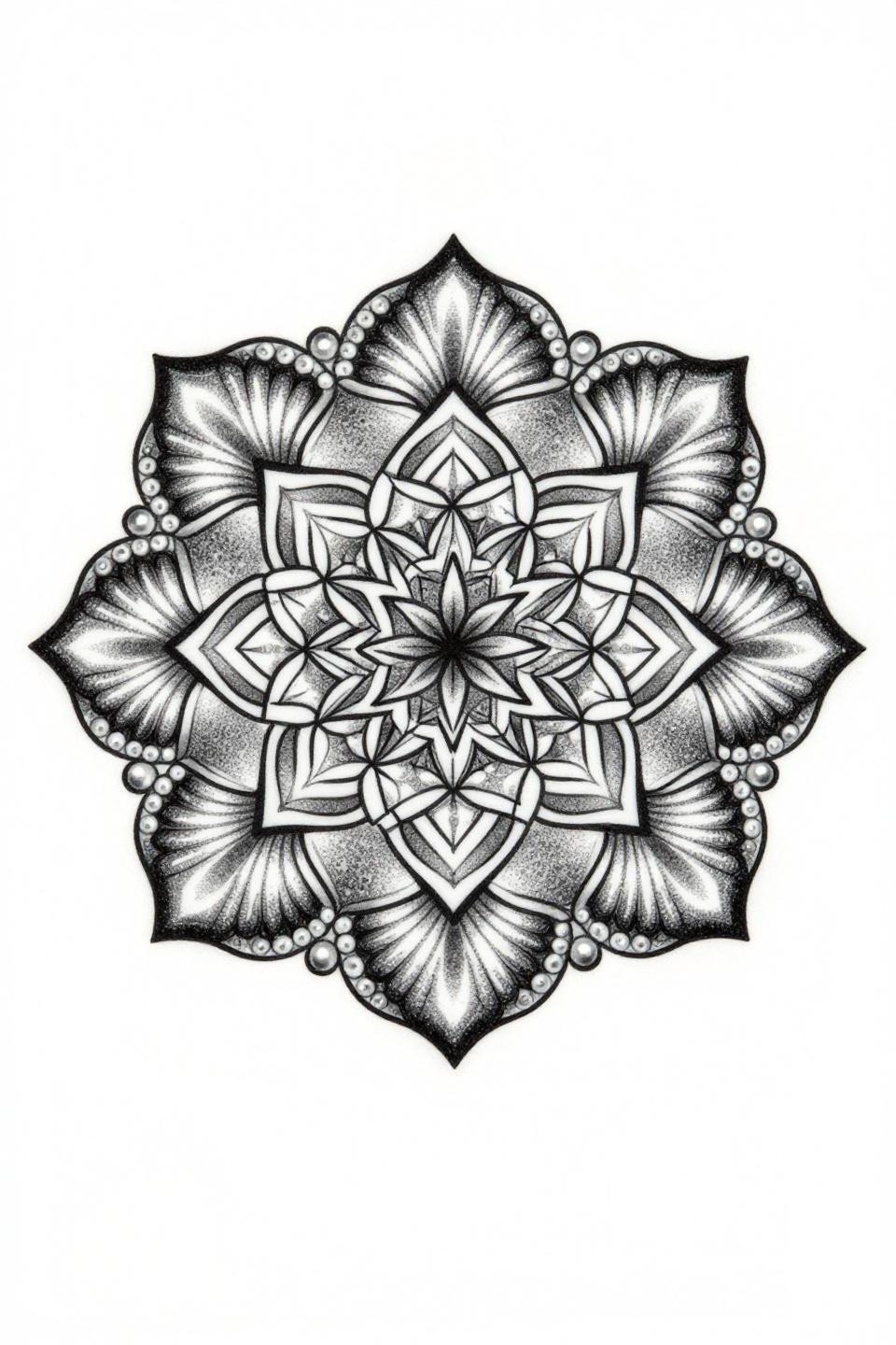 ornamental tattoo design dotwork twelve-pointed star mandala blackwork, flower-of-life hexagons, stipple gradient dense center to open edge, scallop shell pearl bead outer ring