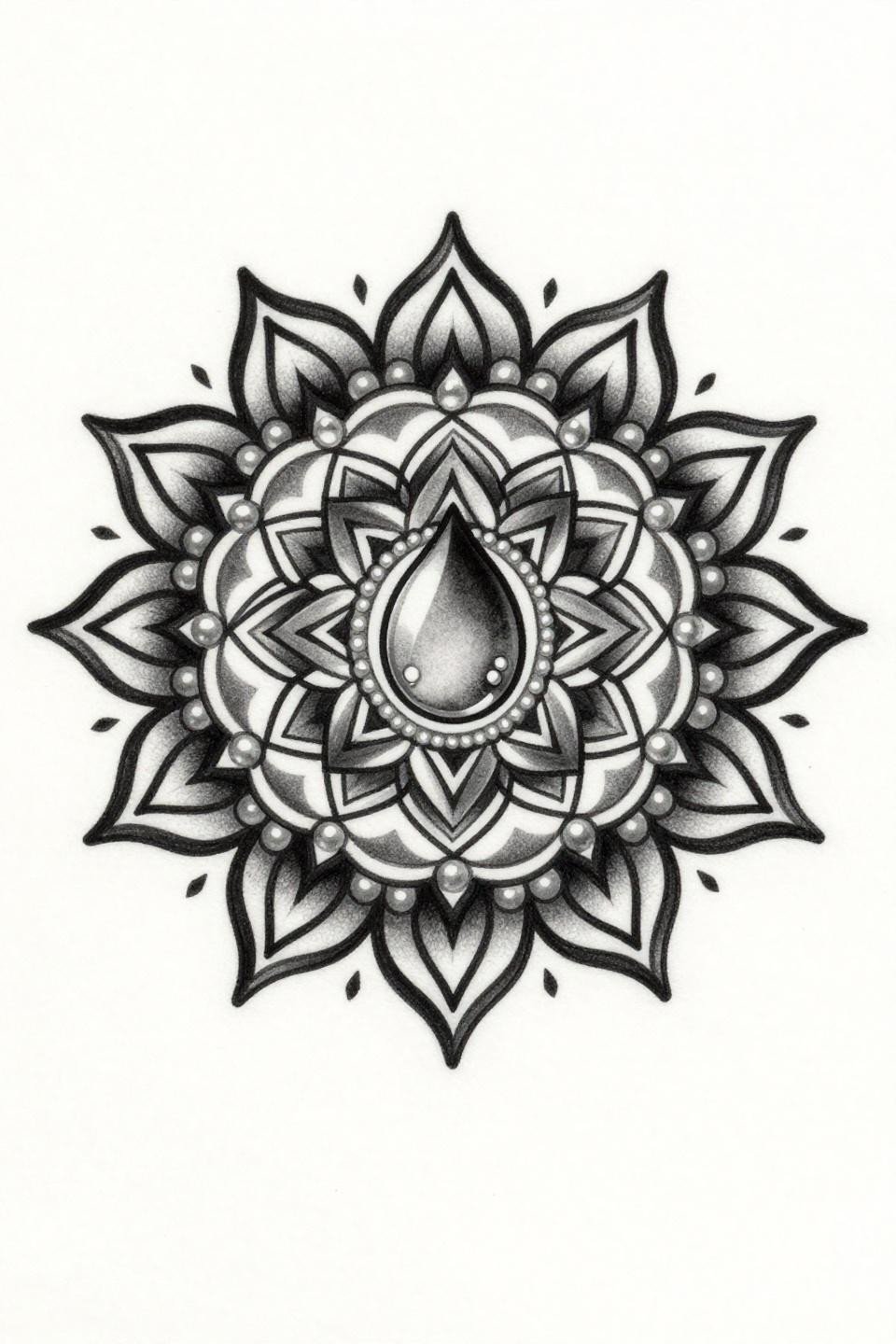 small ornamental tattoo sunburst mandala chicano grey wash, flower-of-life sacred geometry, pearl-studded scallop shell border, dense-to-open whip shading