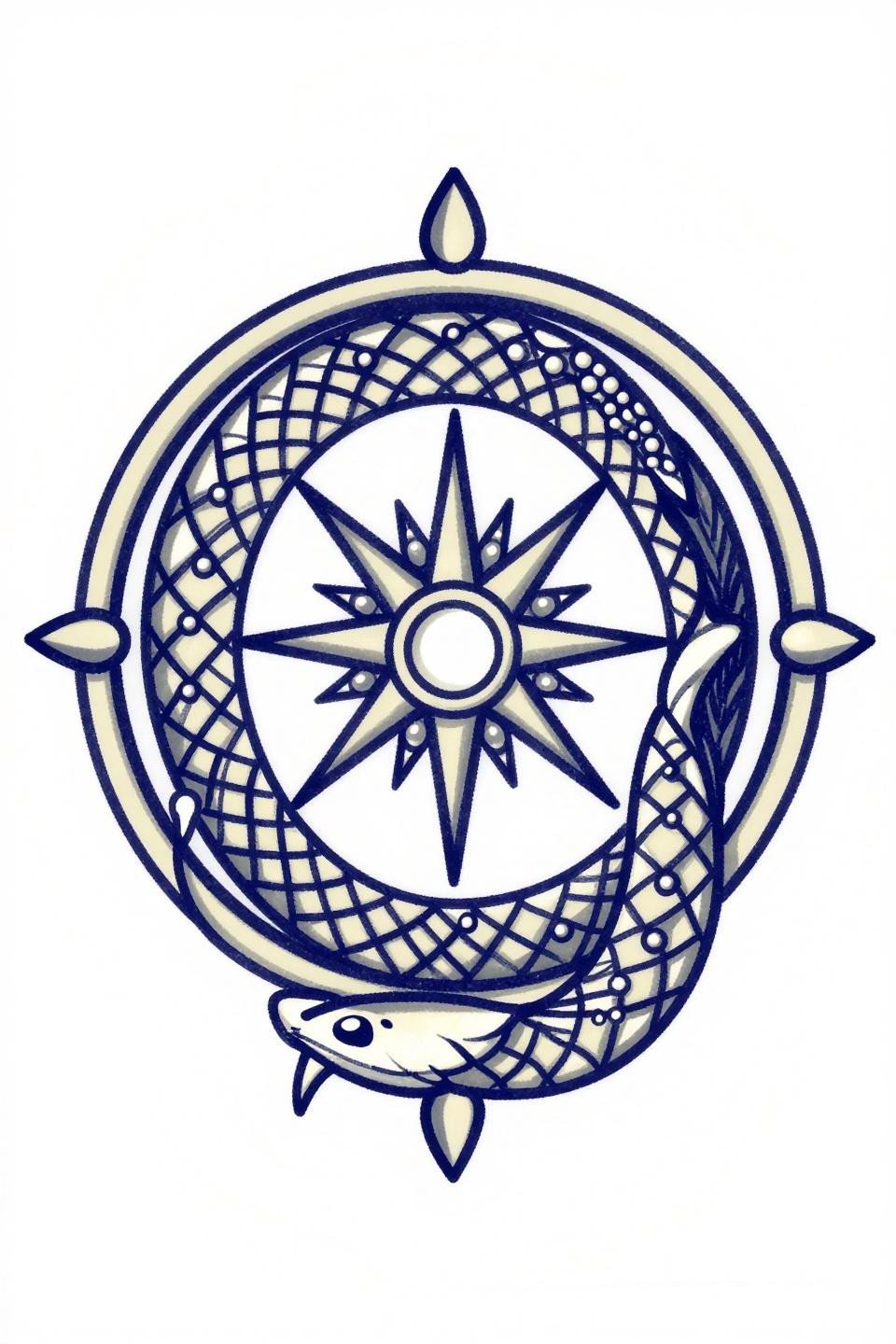 ornamental tattoo design ouroboros serpent mandala, ignorant style, bold 3-4pt navy outlines, flat cream fills, deliberate raw gestural linework
