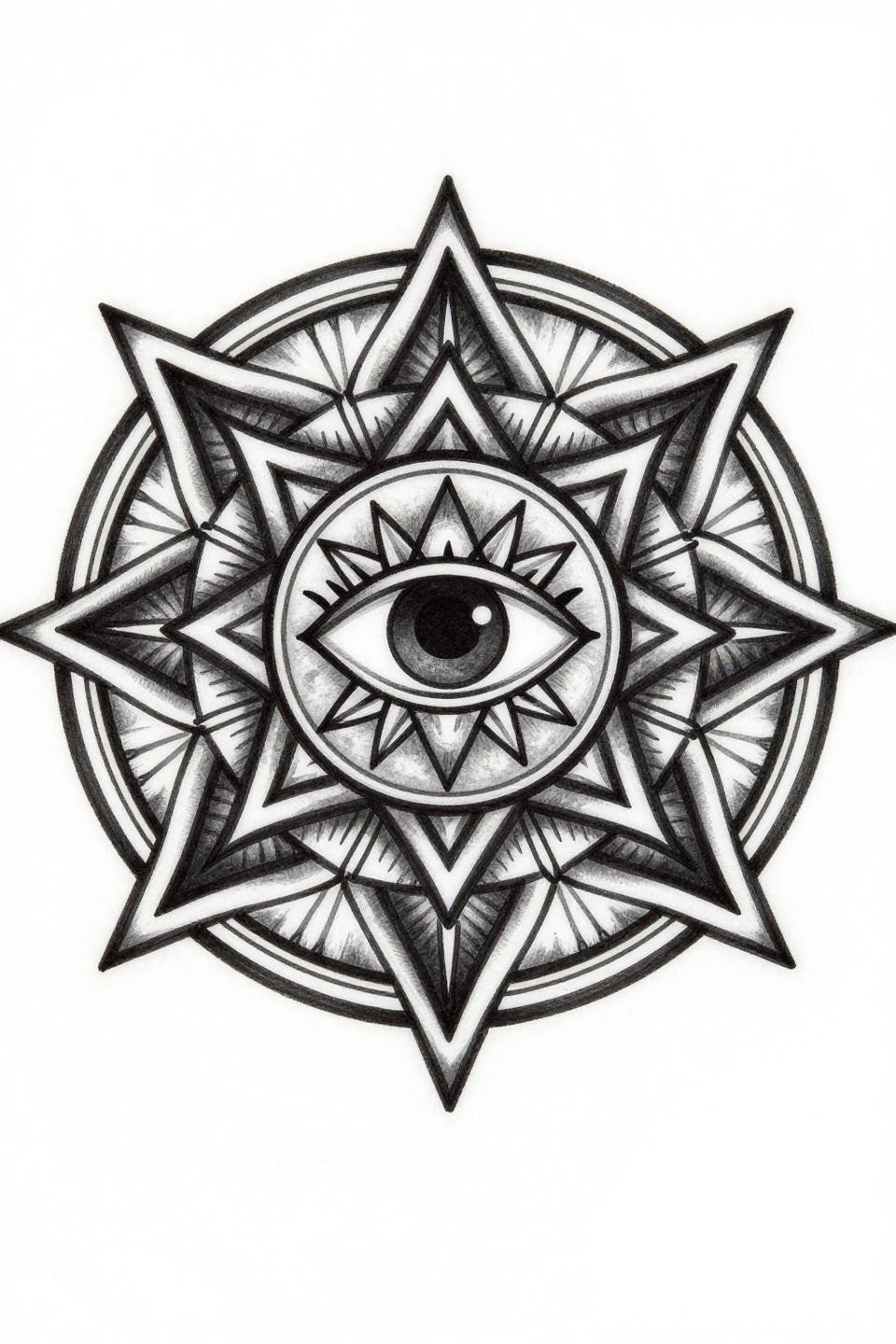 spiritual tattoo sacred geometry mandala art deco style, interlocking circles nested triangles all-seeing eye center, radiating sharp ray lines, bold 2-3pt black outlines flat color fills grey wash