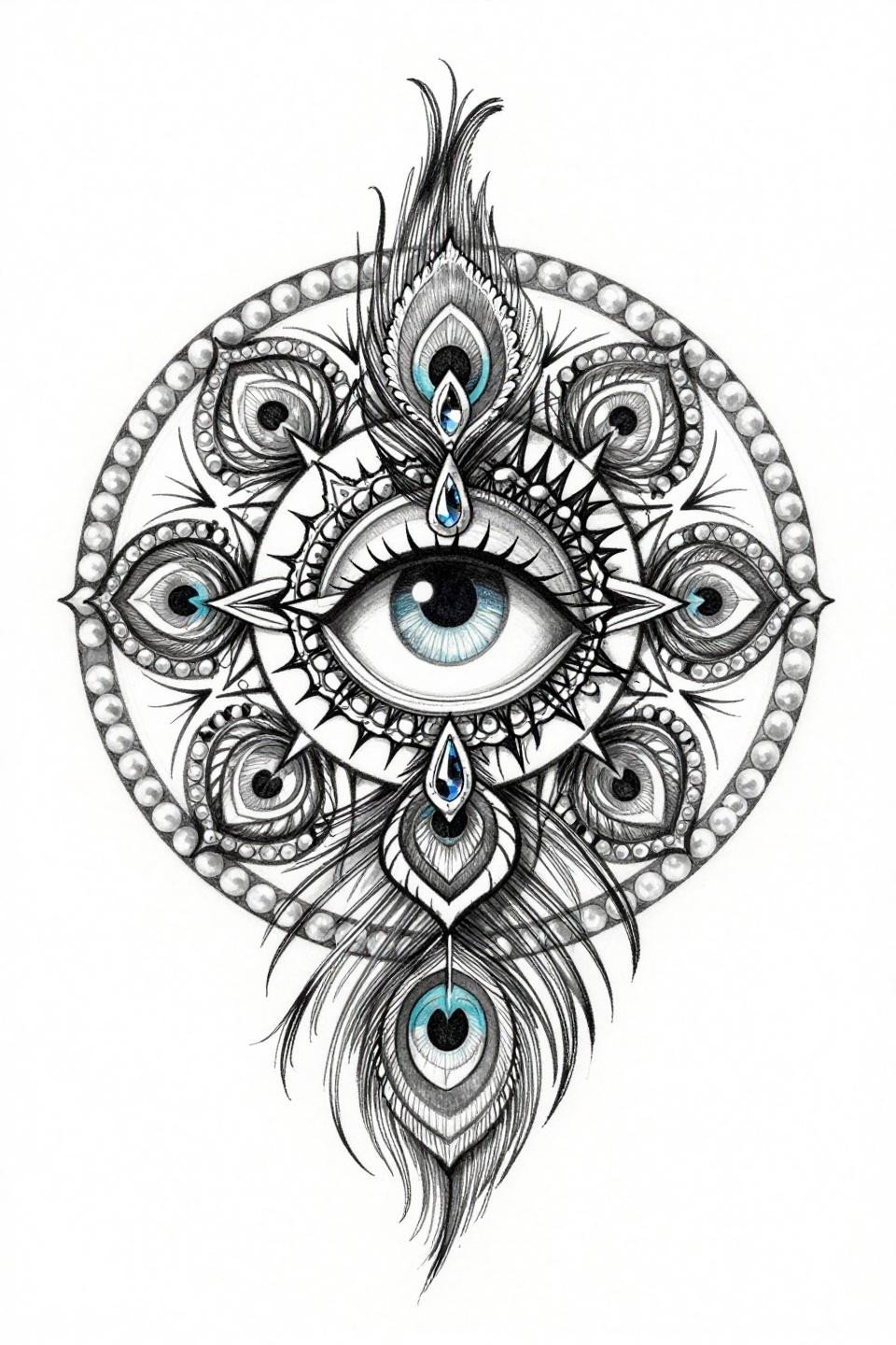 ornate tattoo peacock feather mandala single continuous line style, nested eye motifs, teardrop gem center, symmetrical barbed quill radial pattern, fluid weight variation grey wash