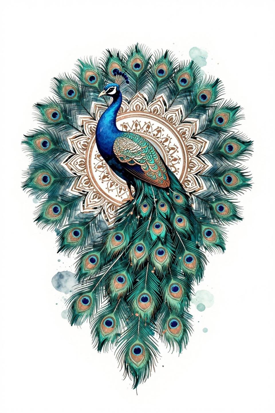 ethereal tattoo peacock mandala watercolor splash style, radial tail feather formation, teal and copper metallic filigree, calligraphic brush marks with color bleed on white paper