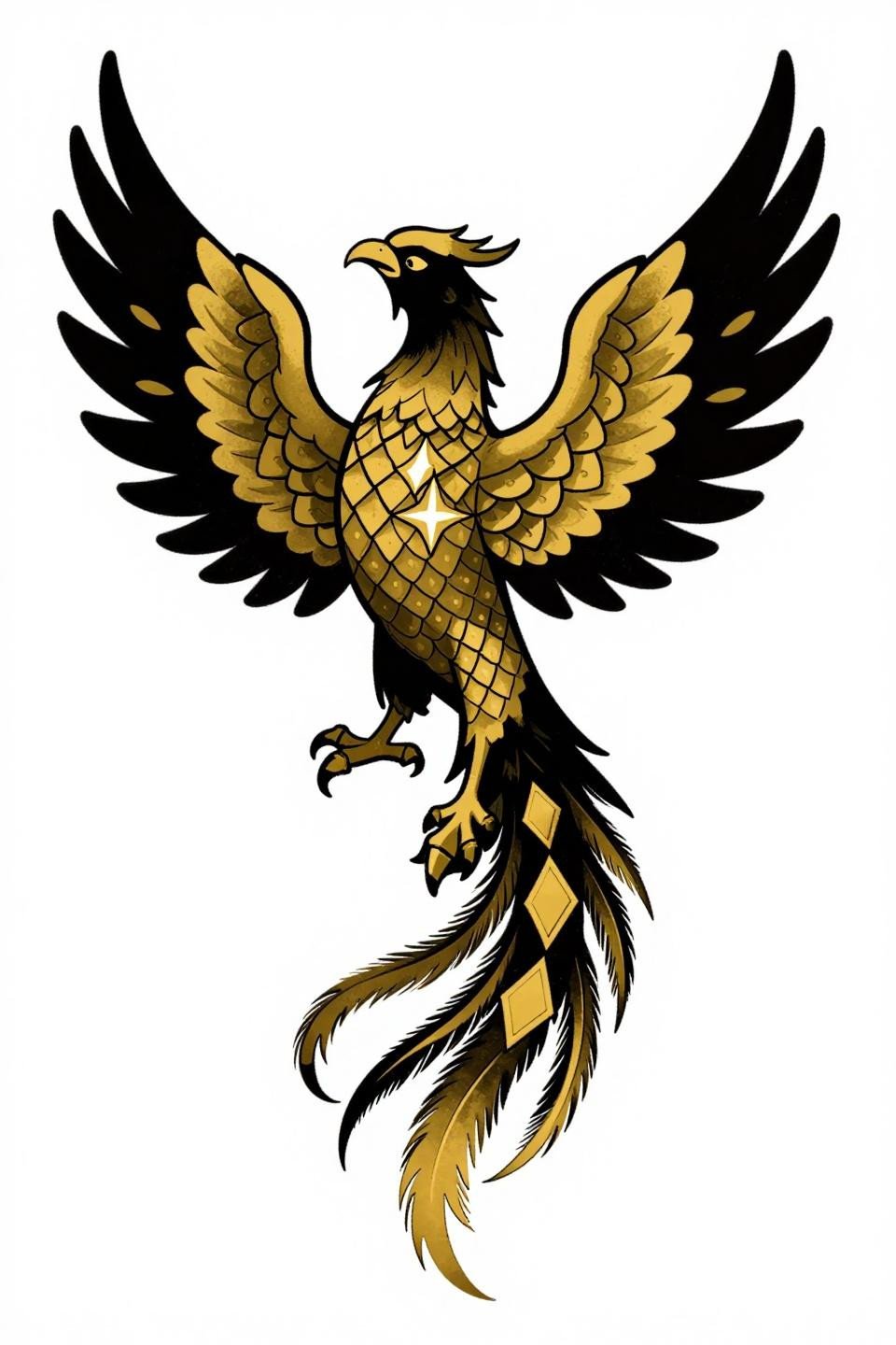 ornamental tattoo phoenix rising flash, surrealist style, geometric diamond panel tail feathers, bold 2-3pt black outlines, gold and black flat color fills