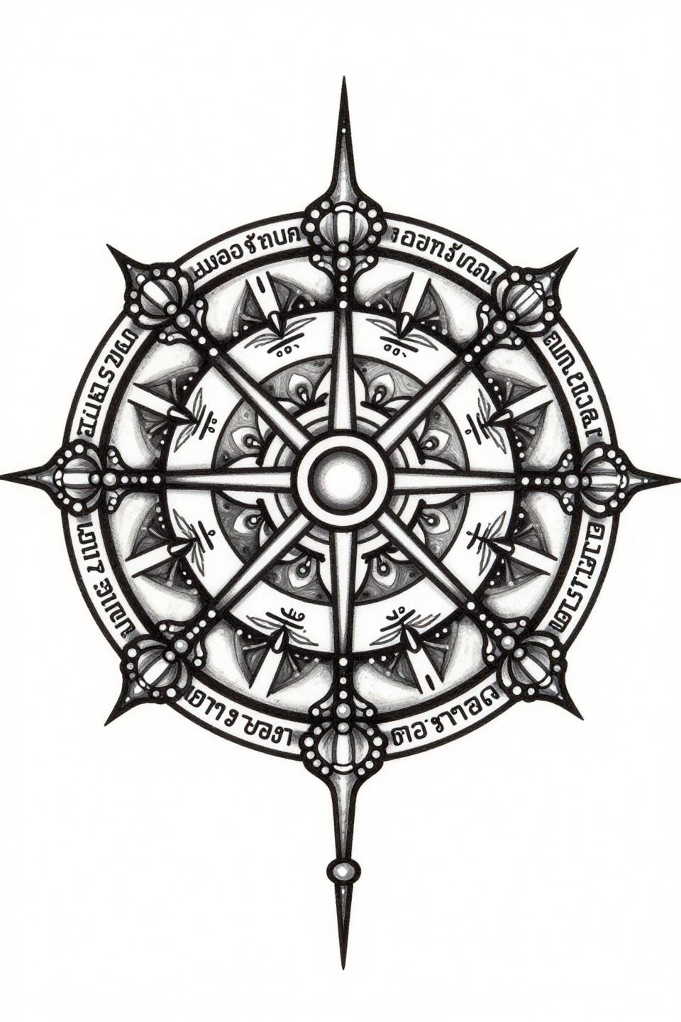 spiritual tattoo sak yant sacred geometry mandala flash, central yantra nine concentric Thai script rings, spear-tip petal radiating border, bold 2-3pt black outlines flat ink fills