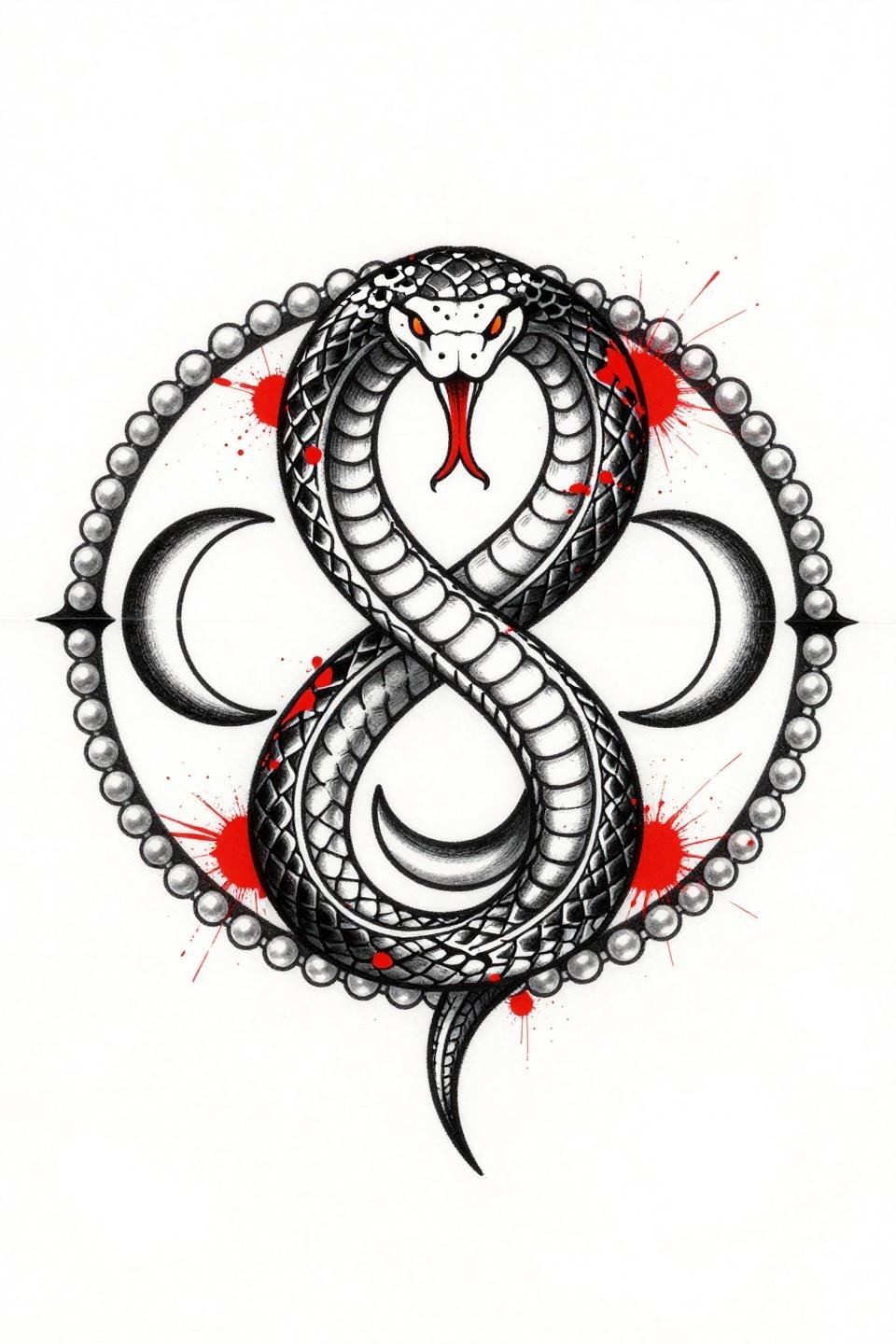 black ornamental tattoo trash polka serpent infinity mandala, bold 2-3pt black outlines, crimson red splatter ink bleed breaks, whip shading on serpent scales