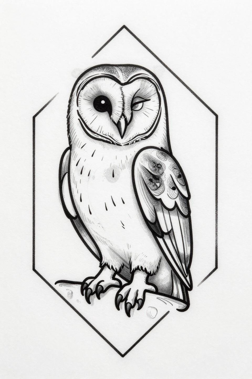 continuous single line barn owl tattoo flash, heart-shaped facial disc radiating lines, asymmetric eye detail, diamond frame border, bold 2pt black ink, white negative space no fill