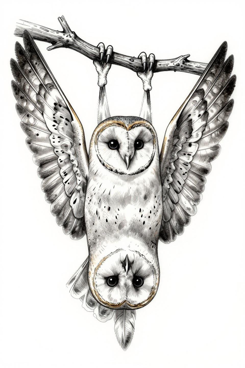 botanical scientific illustration owl tattoo flash, inverted barn owl 160-degree wing spread, parallel line crosshatch engraving, grey wash midtone gradients, individual quill feather strokes