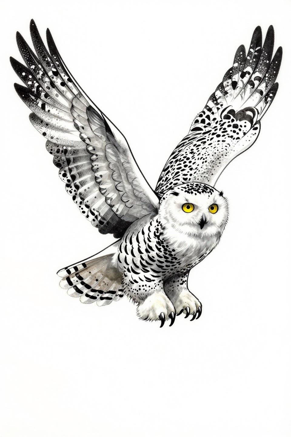 blackwork dotwork owl tattoo men flash, snowy owl mid-dive 170-degree wing spread, stipple dot gradient dense wing tips open center feathers, yellow eye dot pupils, hunting posture talons
