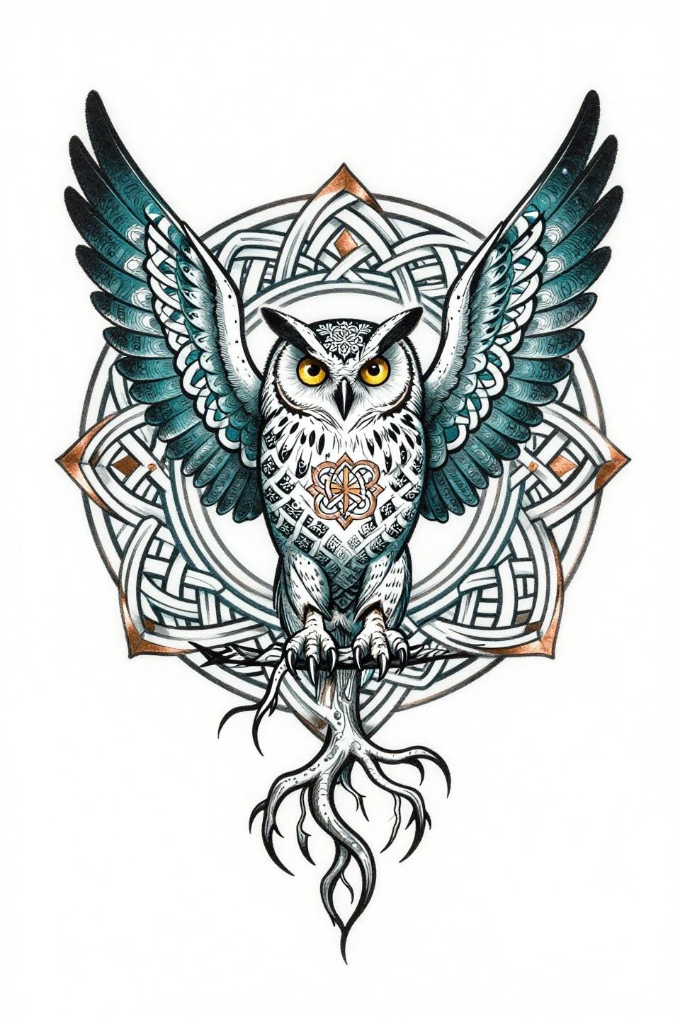 celtic knotwork mandala small owl tattoo flash, great horned owl inverted hang, interlace spiral knotwork circular frame, deep teal copper metallic accent, vector-precision linework