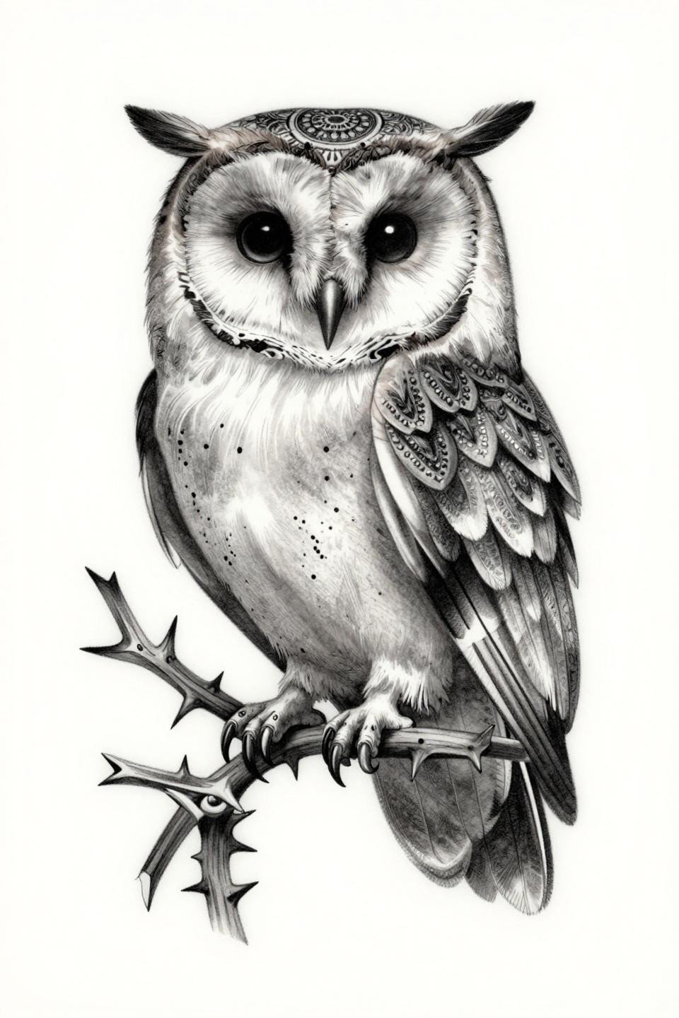 chicano grey wash owl tattoo flash, barn owl frontal pose, mandala radial composition, whip shading dense charcoal to open white gradient, thorned vine talons