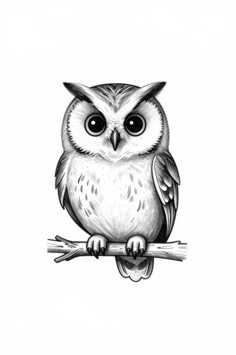 fine line minimal small owl tattoo flash, little owl perched single bare branch, hairline 0.5mm single needle strokes, enormous round eyes minimal pupil dots, open negative space, centered composition