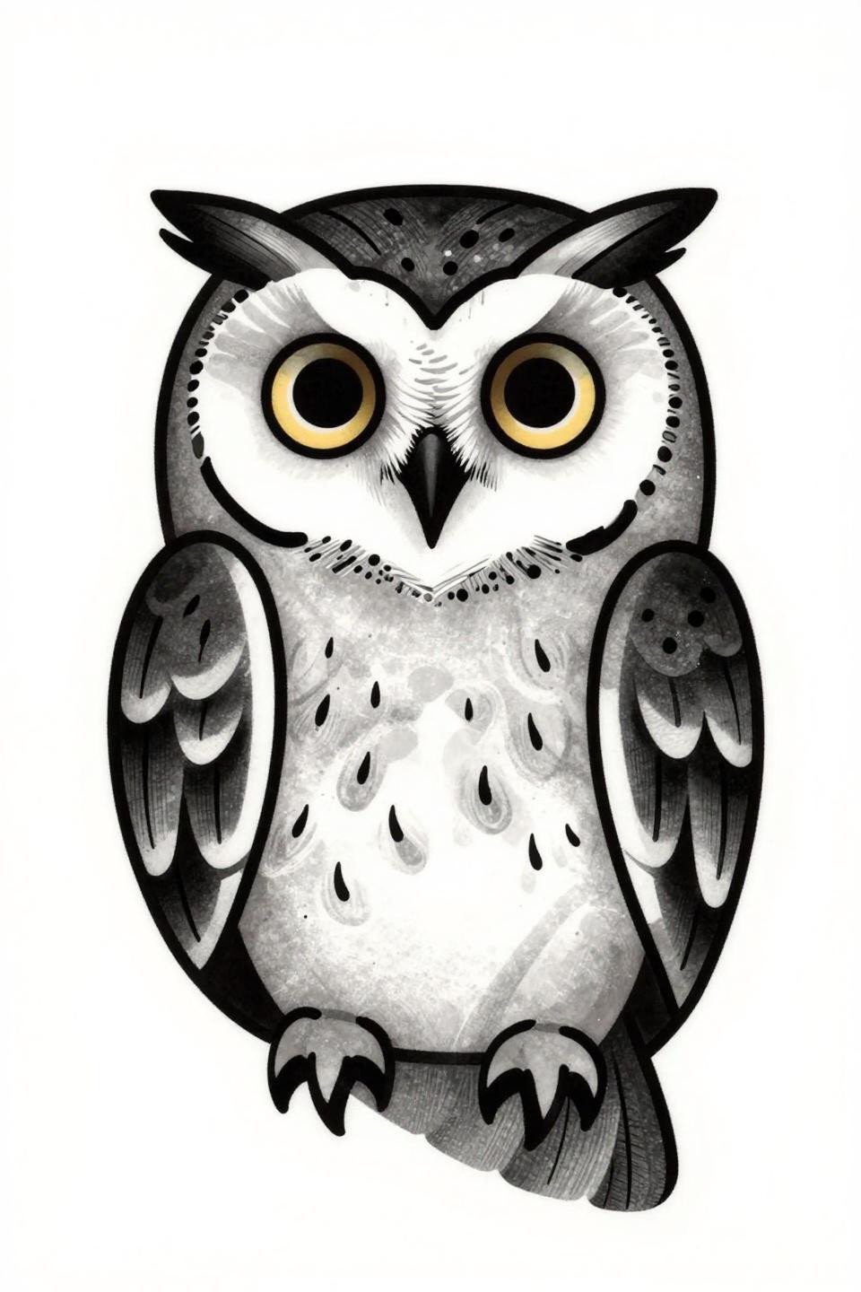 Japanese irezumi barn owl tattoo flash, frontal pose heart-shaped facial disc, bold concentric ring eye sockets, crosshatch feather barring, bold 2-3pt outlines grey wash midtones, sharp beak slightly open