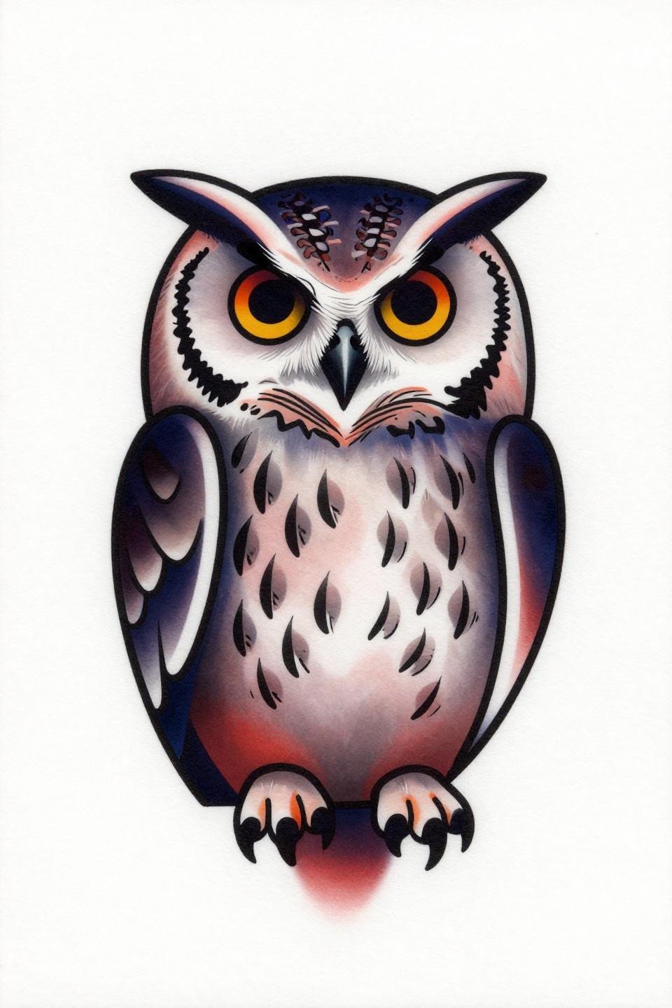 neo-traditional Eurasian eagle-owl tattoo flash, three-quarter profile asymmetric eye placement, deep indigo crimson shadow accents, bold 2-3pt outlines, ruffled expanded chest, flat color fills