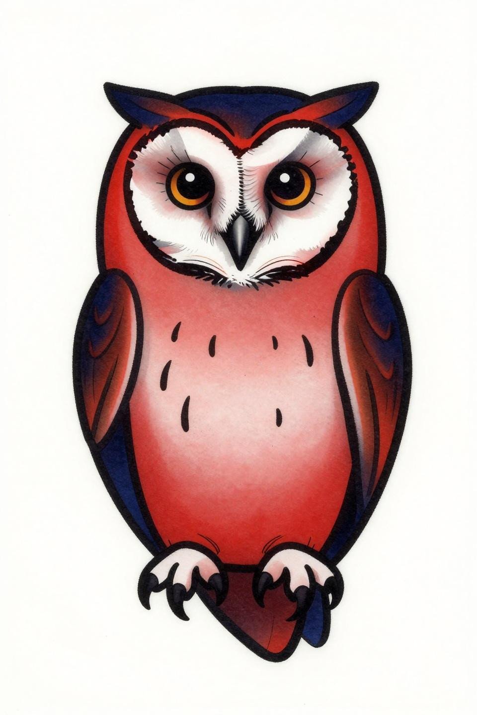 neo-traditional barn owl tattoo flash, forward-facing portrait, bold 2-3pt outlines, deep indigo crimson jewel-tone palette, asymmetric ear tufts, concentric iris rings