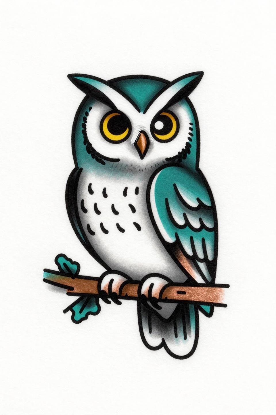 old school sailor style owl tattoo flash, Tengmalm boreal owl side profile, head rotated 180 degrees, bold 3pt black outlines, flat teal copper color fills, lichen branch perch