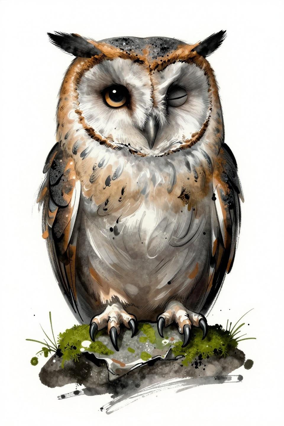 surrealist barn owl tattoo flash, asymmetric facial disc, one eye wide one half-lidded, melting wing geometry, sage ochre grey wash palette, calligraphic brush marks