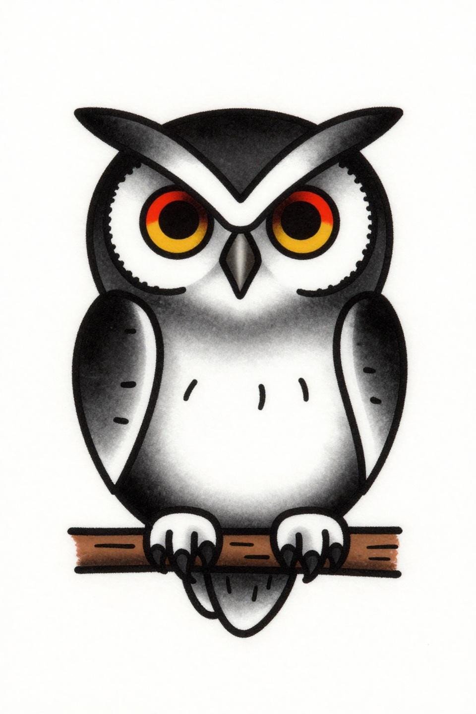traditional American style spectacled owl tattoo flash, bold 2-3pt black outlines, crimson red accent flat fill, circular eyes white eyebrow spectacles, compact centered composition
