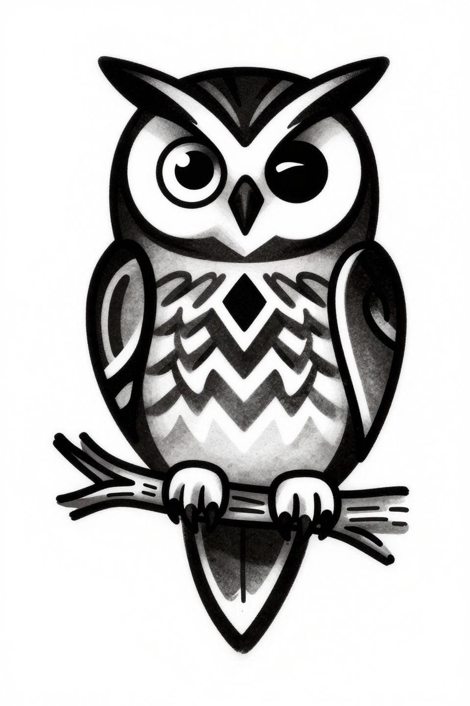tribal geometric cute owl tattoo flash, pygmy owl perched twisted vine, bold 2-3pt outlines solid black fill, off-center diamond frame, angular triangular body mass, no grey wash