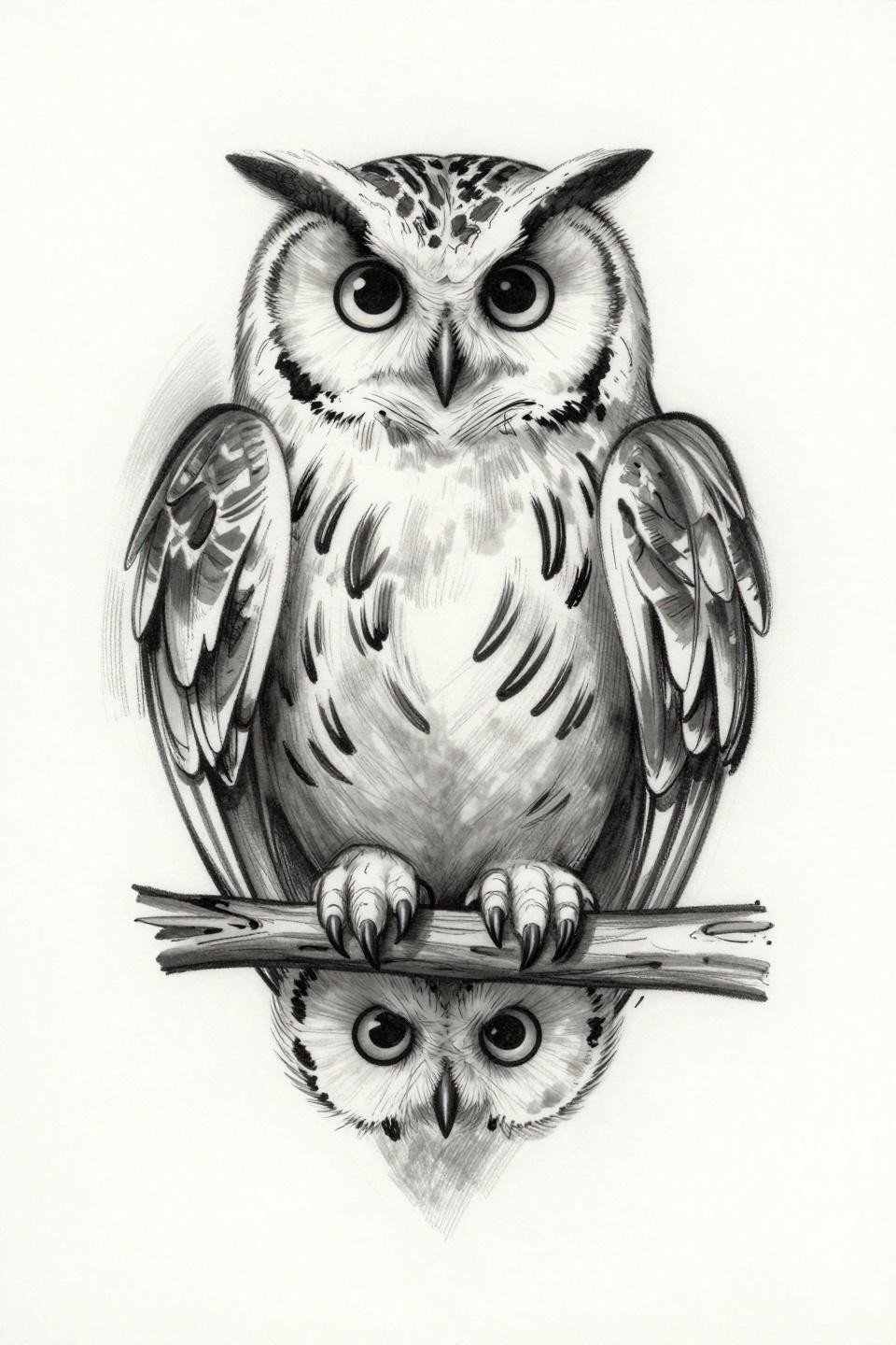 sketch raw style ural owl tattoo flash, inverted hang position, wings wrapped tight like cloak, bold organic curved feather strokes, grey wash midtones, asymmetric top-heavy composition