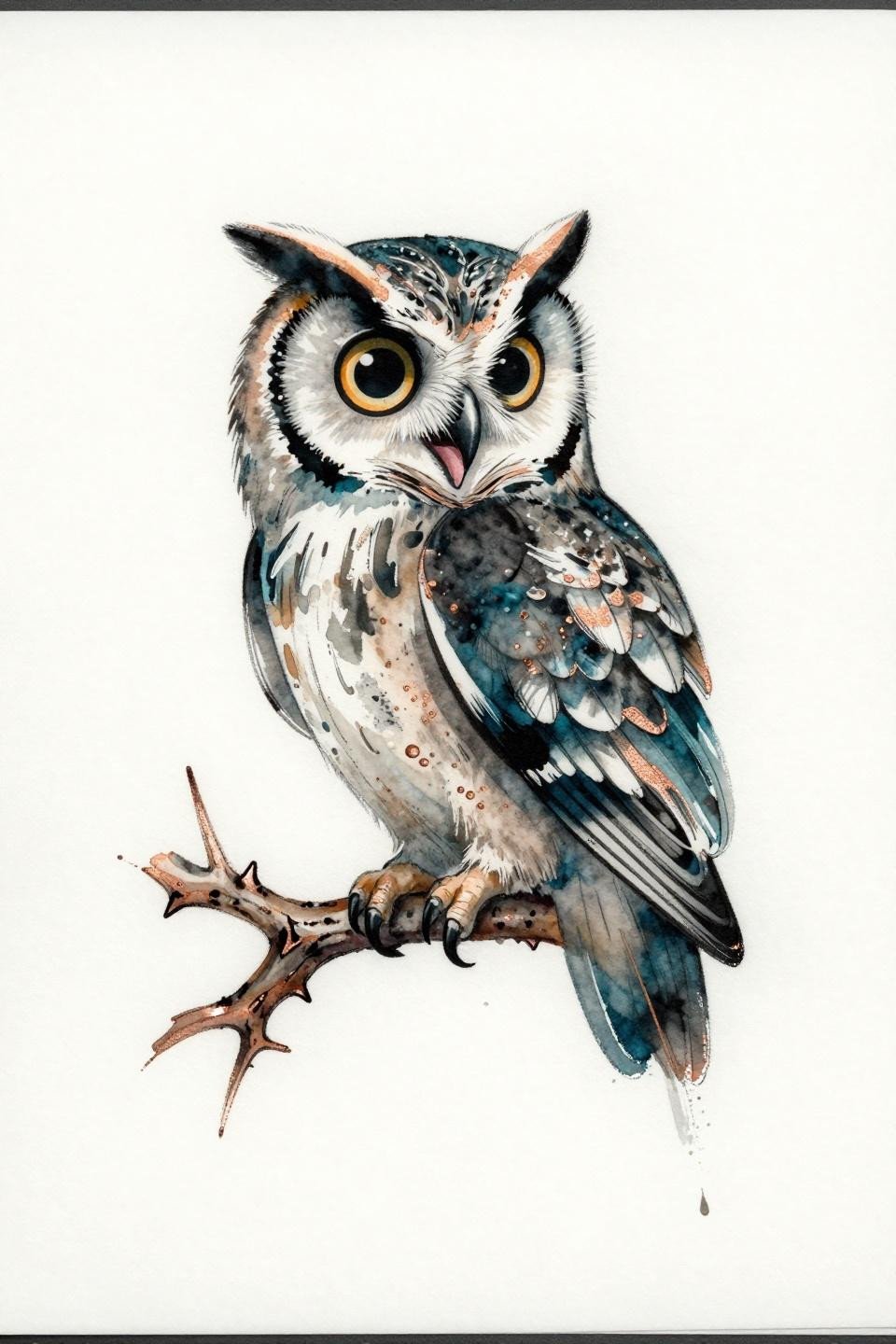 watercolor splash screech owl tattoo flash, head rotated mid-screech open beak, concentric hypnotic disc eye rings, deep teal bleed copper metallic accent, calligraphic brush marks, asymmetric composition