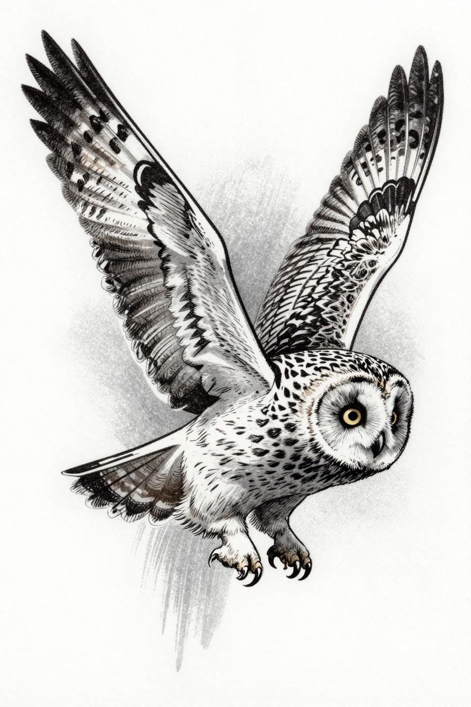 etching woodcut style raven owl tattoo flash, short-eared owl low hunting flight, diagonal composition, dense crosshatch parallel line engraving, talons extended strike position