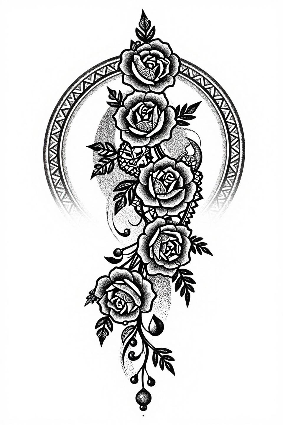 Pakistani mehndi Pakistan design, blackwork dotwork flash, dense rose bloom lattice with stipple dot gradient, no outlines, spherical vine nodes, Pakistani chevron border bands, dense to open dot density