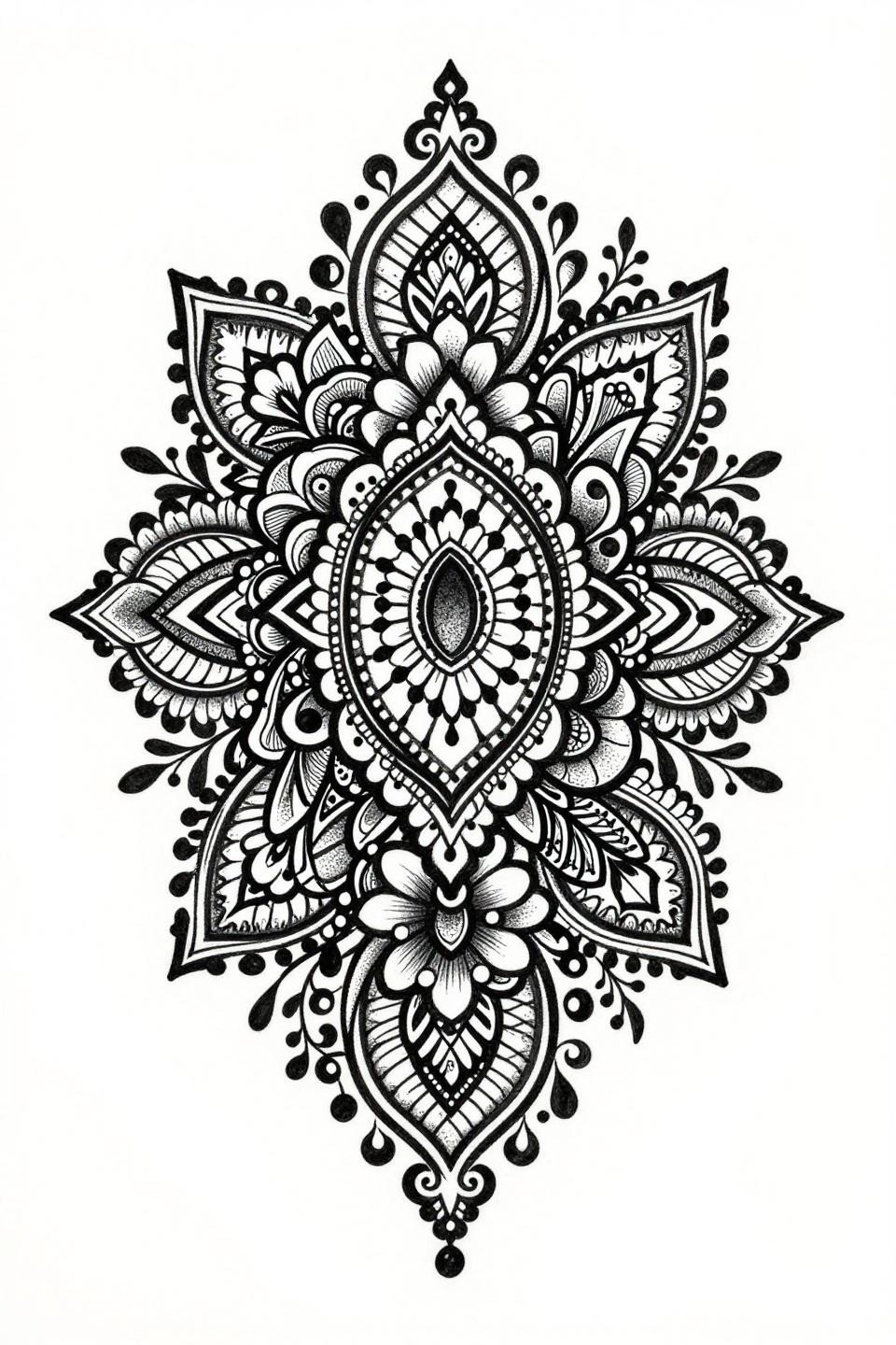 Pakistani mehndi trending design, botanical scientific stipple flash, dense floral arabesque with interlocking paisley motifs, stipple dot gradient dense to open, Pakistani scroll borders, no grey wash