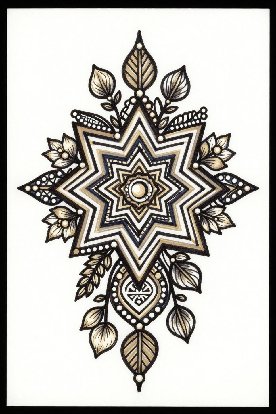 Pakistani mehndi trendy bridal design, surrealist style flash, vertical tiered star polygon with navy and cream flat fills, diamond and triangle lattice, pearl chevron borders