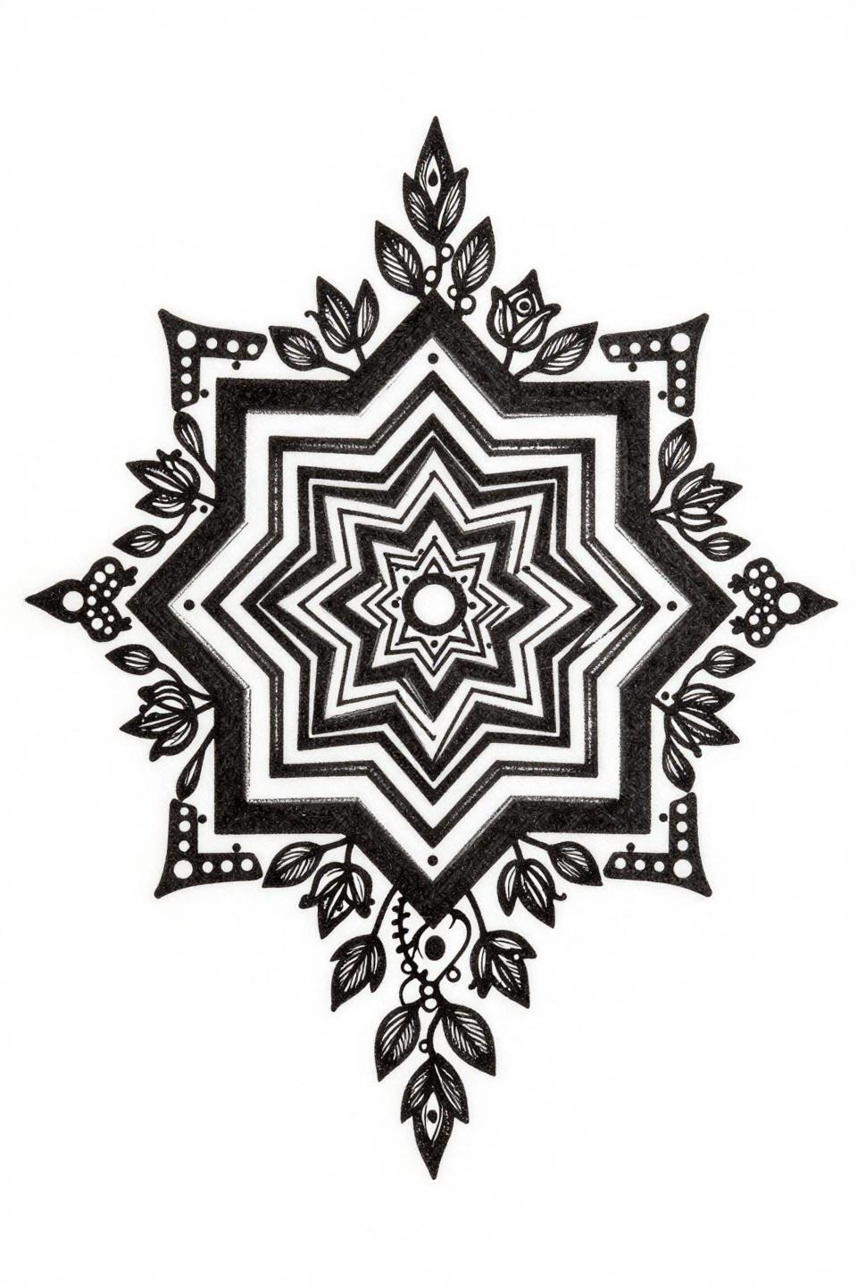 Pakistani mehndi stylish front hand design, linocut flash, hexagonal star with diamond lattice rays and rose vine tendrils, block-cut parallel hatching, bold black ink