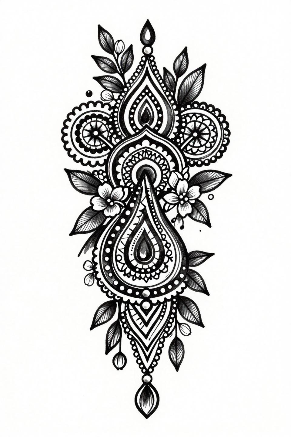 Pakistani mehndi modern design, ignorant style flash, teardrop paisley with crude bold outlines, deliberate irregular linework, jasmine blossom vine lattice, flat black fills