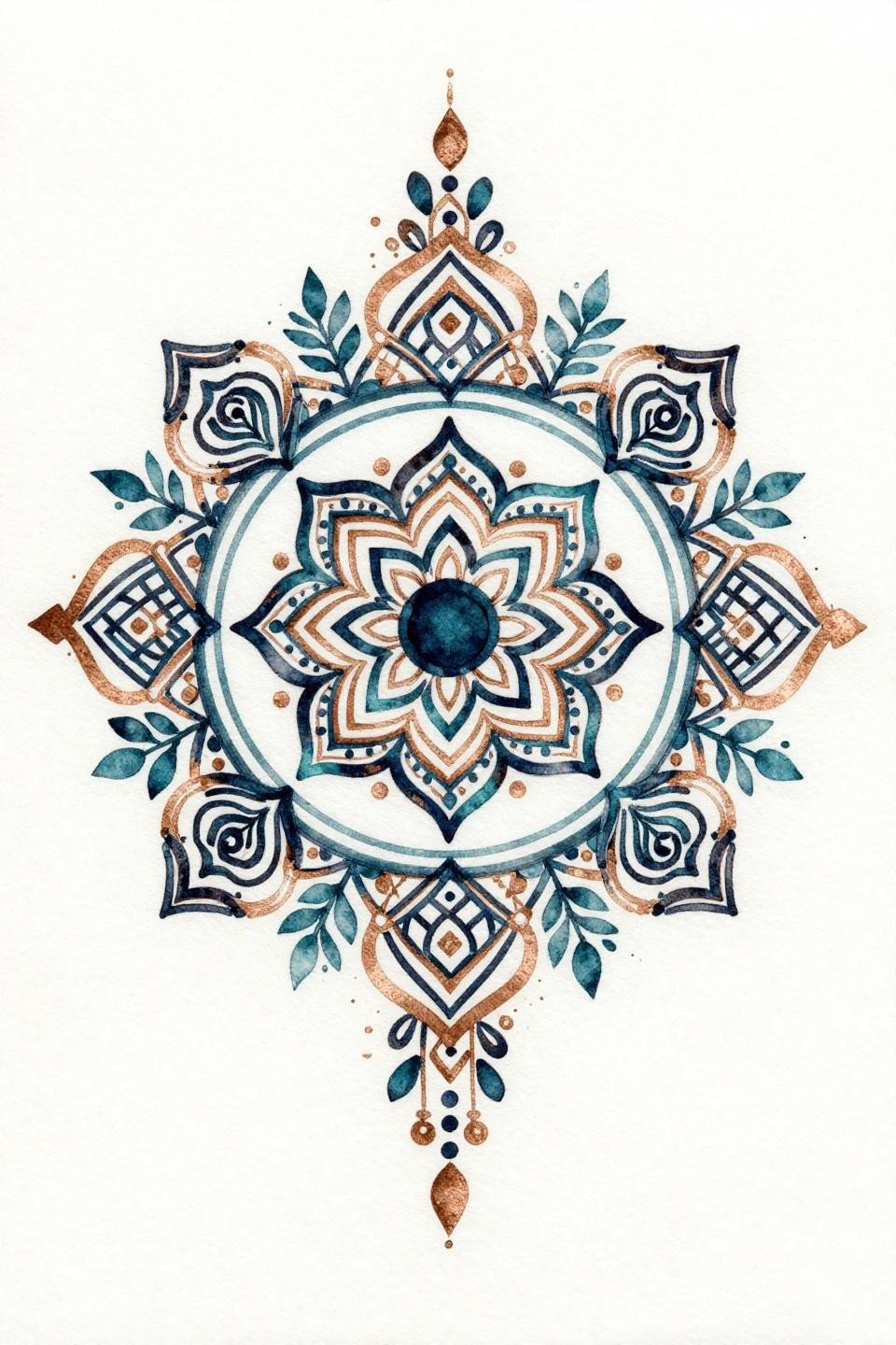 Pakistani mehndi new bridal design, watercolor splash style flash, central sunburst mandala with teal and copper metallic accents, wet diffusion edges, rose vine lattice, Pakistani corner flourishes