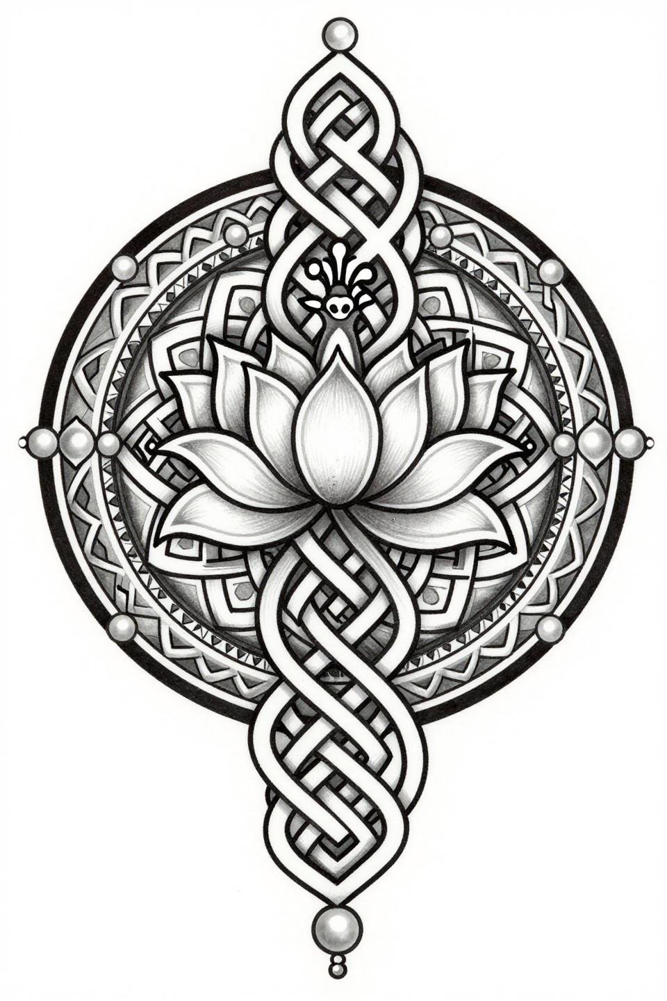 Pakistani mehndi beautiful front hand design, celtic knotwork style flash, interlocking peacock and lotus within continuous celtic interlace, hexagonal lattice fills, pearl-drop nodes, bold 2-3pt black outlines