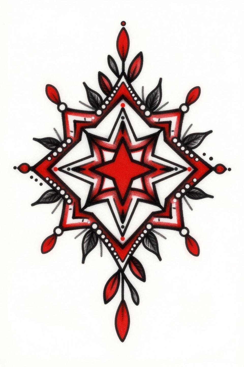 Pakistani mehndi trending design, old school sailor flash style, hexagonal star with crimson red accent, bold 3-4pt black outlines, flat color fills, diamond frame composition