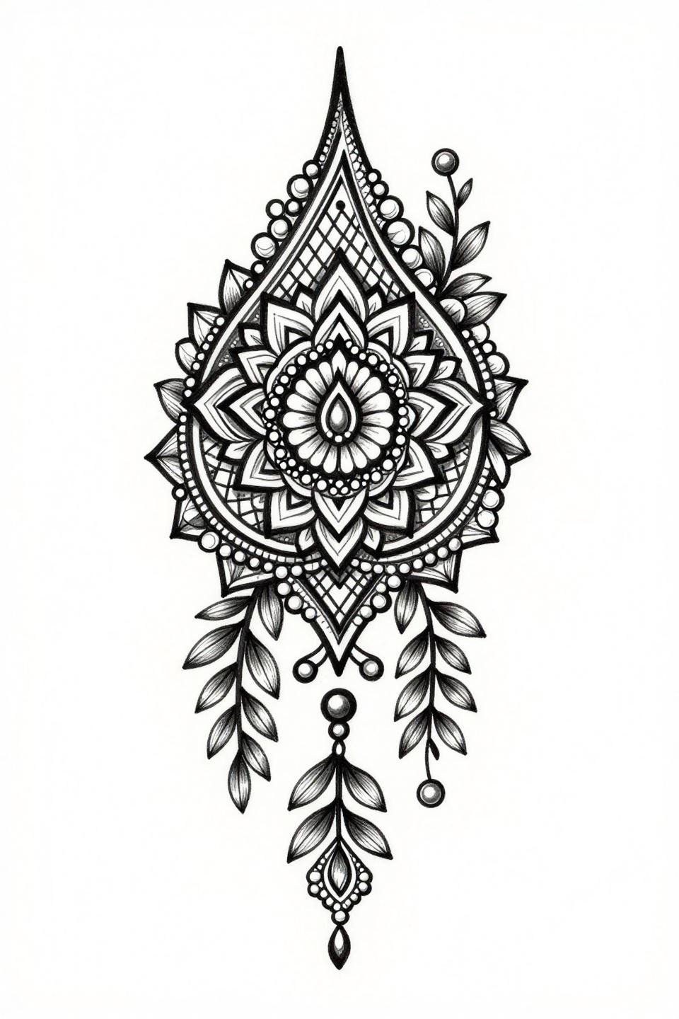 Pakistani mehndi latest simple design, single needle 1RL hairline linework, teardrop paisley with jasmine vine tendrils, grey wash midtones, vertical stacked composition