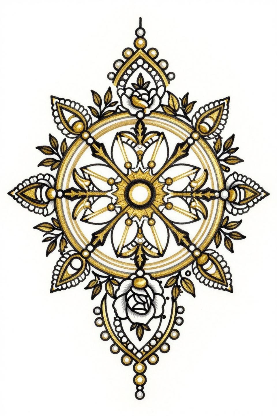 Pakistani mehndi latest simple design, neo-traditional flash, teardrop paisley medallion with geometric sunburst, rose jasmine vine lattice, flat gold metallic fills, circular mandala composition