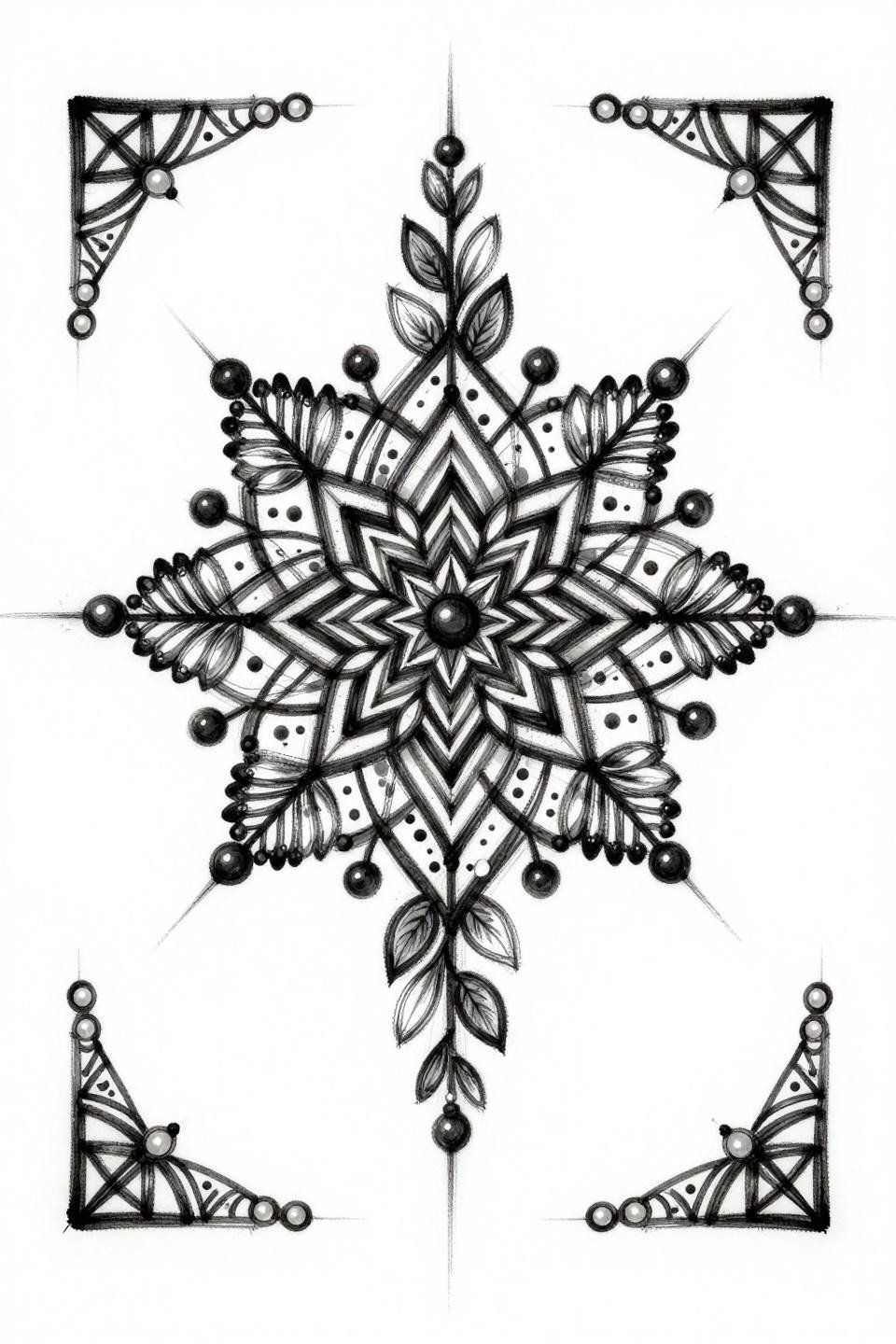 Pakistani mehndi fancy design, sketch raw style flash, star polygon with radiating geometric petals, loose gestural brush ink strokes, spherical bindi terminals, Pakistani corner flourishes, grey wash midtones