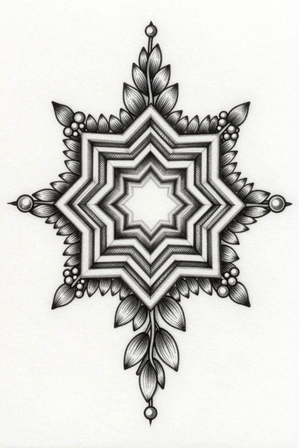 Pakistani mehndi fancy design, engraving style flash, hexagonal starburst with diagonal crosshatch parallel lines, grey wash tonal relief, cascading almond leaf motifs