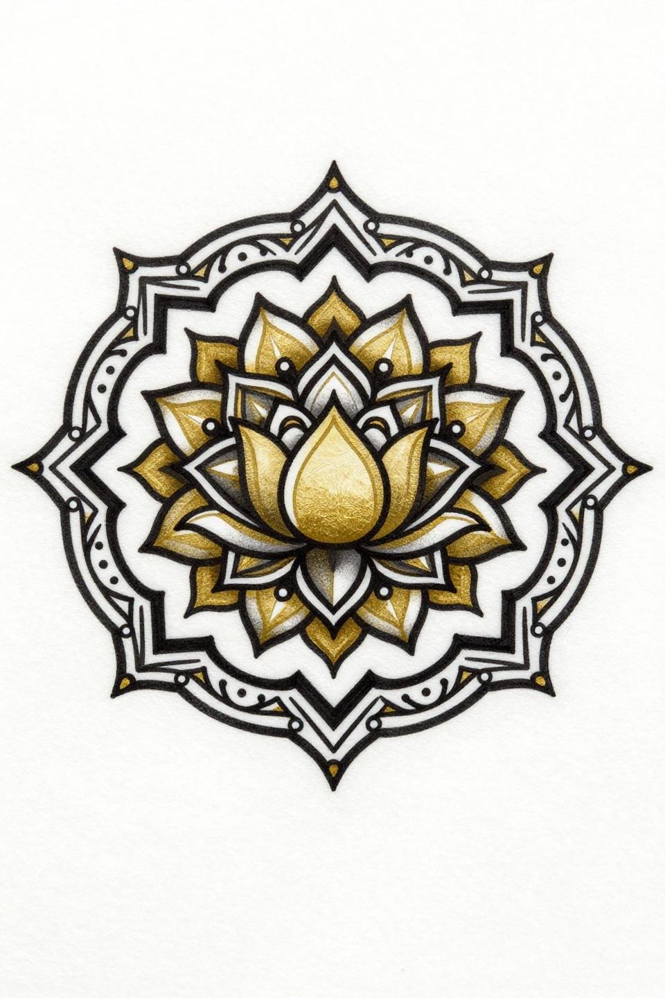 Pakistani mehndi Pakistan design, art deco style flash, central lotus with triangular starburst rays, diamond lattice border, pearl dot accents, flat gold and black fills, bilateral symmetry