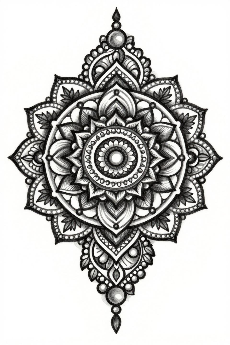 Pakistani mehndi elegant design, chicano grey wash style, bridal mandala sunburst with whip shading strokes, dense grey wash gradient, rose and jasmine vine lattice, bilateral symmetry