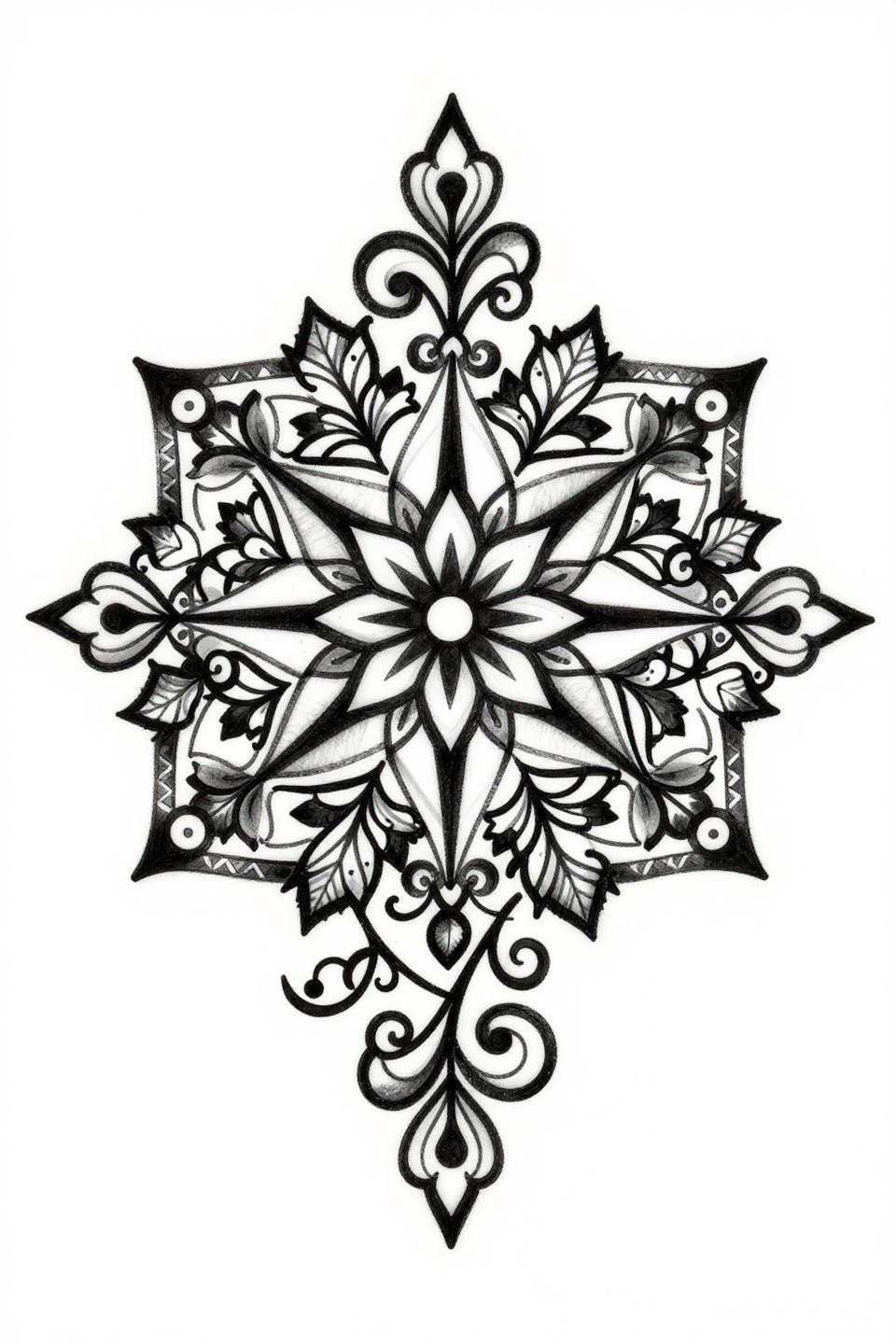 Pakistani mehndi modern design, Japanese irezumi style flash, central teardrop paisley with bold 3-4mm black outlines, flat black fills, geometric starburst, chevron corner accents, crisp negative space