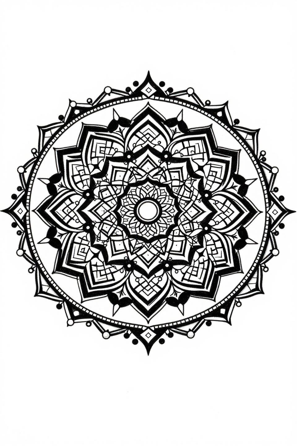 Pakistani mehndi latest simple design, art nouveau style flash, symmetrical mandala with interlocking hexagonal lattice, delicate filament vines, pearl-drop terminals, Pakistani chevron and diamond border, bold 2-3pt outlines