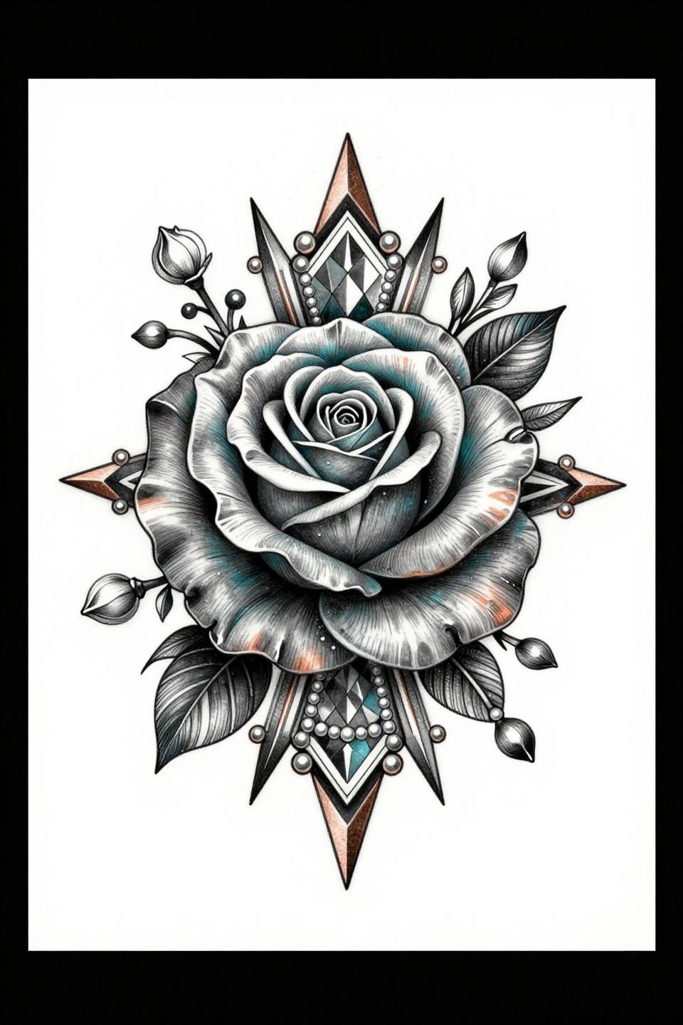 Pakistani mehndi new bridal design, micro realism flash, photorealistic rose bloom with geometric diamond lattice, hairline 1RL strokes, deep teal and copper metallic ink