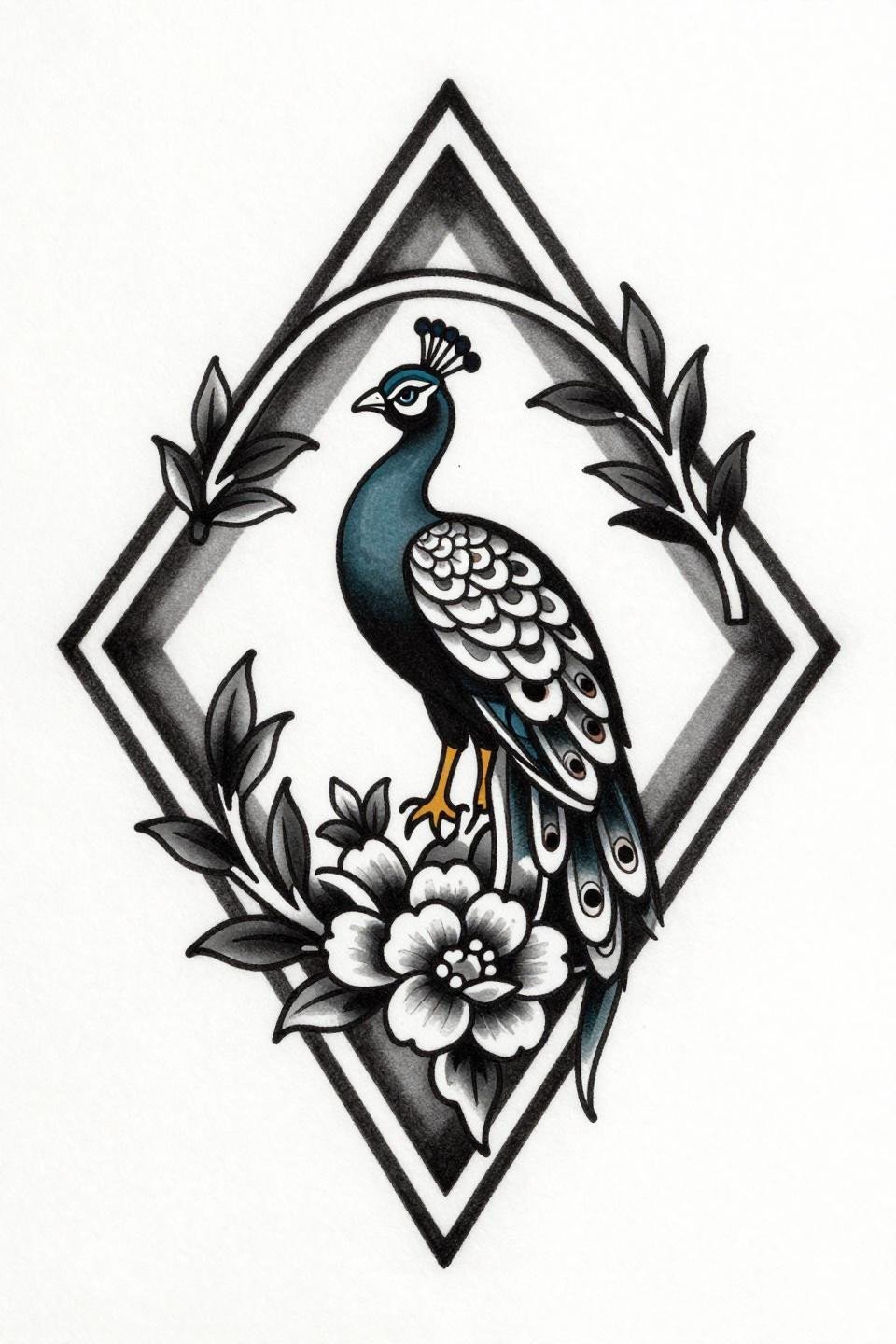 Pakistani mehndi stylish design, traditional American style flash, peacock in diamond lattice frame, bold 2-3pt black outlines, flat black fills, geometric chevron border, open white negative space