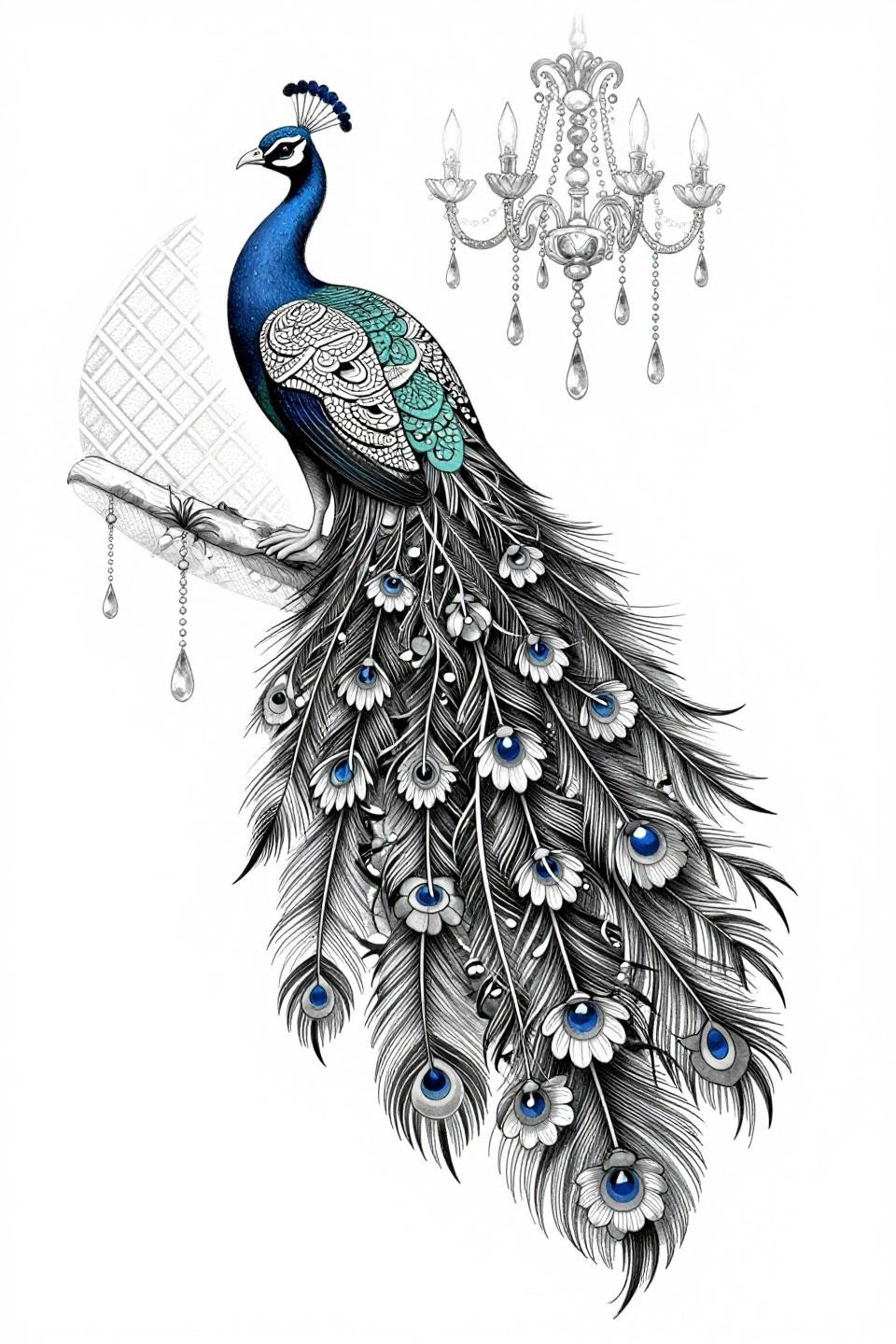 Pakistani mehndi new bridal design, botanical scientific style flash, peacock facing left with floral vine tail feathers, hairline 0.5mm single-needle strokes, chandelier droplet cascade, grey wash midtones, dotwork embellishments