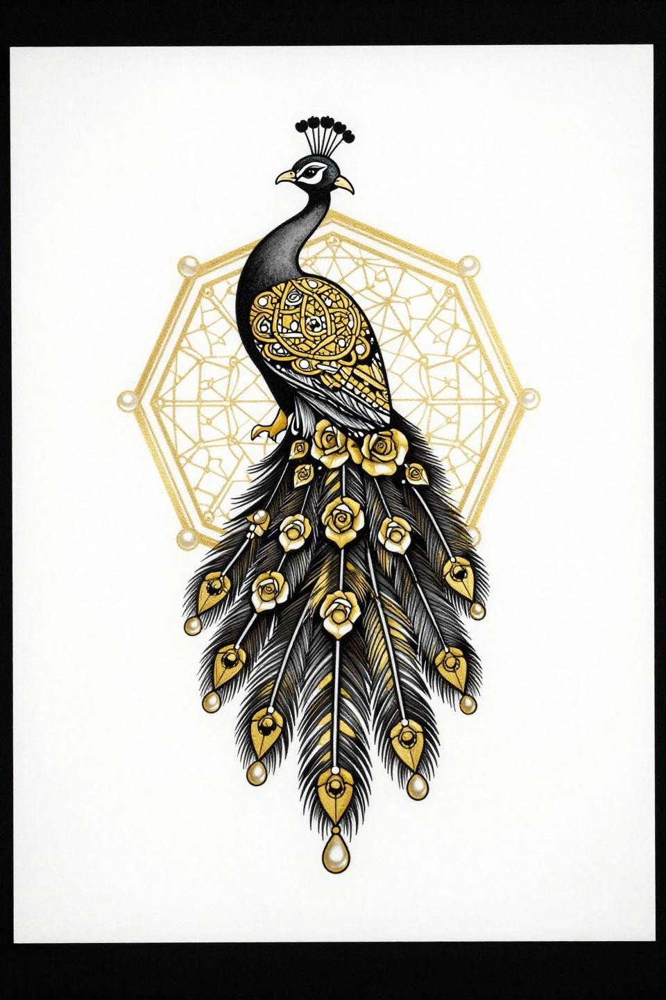 Pakistani mehndi stylish design, Sak Yant sacred geometry flash, forward-facing peacock with radiating sacred rays, dense rose jasmine lattice, chandelier pearl-drop terminals, flat gold metallic fills