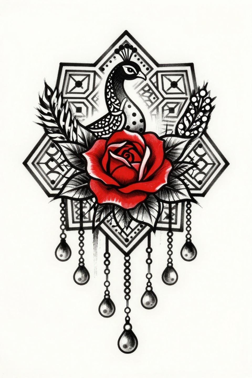 Pakistani mehndi trending design, trash polka style flash, interlocking peacock and rose motif with crimson red accent, aggressive whip shading, geometric hexagonal lattice, bold 3pt black outlines