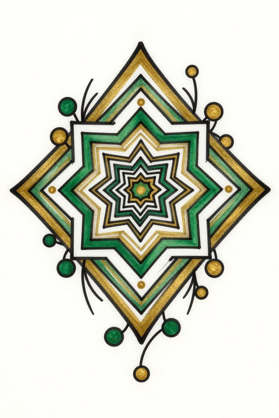 Pakistani mehndi beautiful front hand design, tribal geometric flash, hexagonal star with forest green and gold flat fills, chevron border bands, diamond frame composition, bold 2-3pt outlines