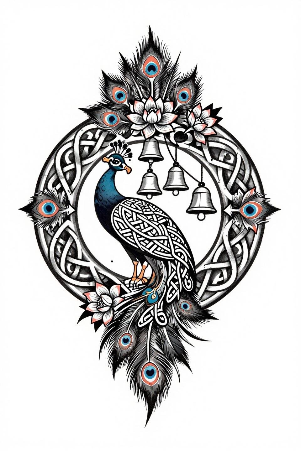 peacock henna designs Celtic knotwork flash, interlocking knot bands body form, bilateral radial symmetry, flat coral charcoal fills, 2-3pt black outlines full tail spread