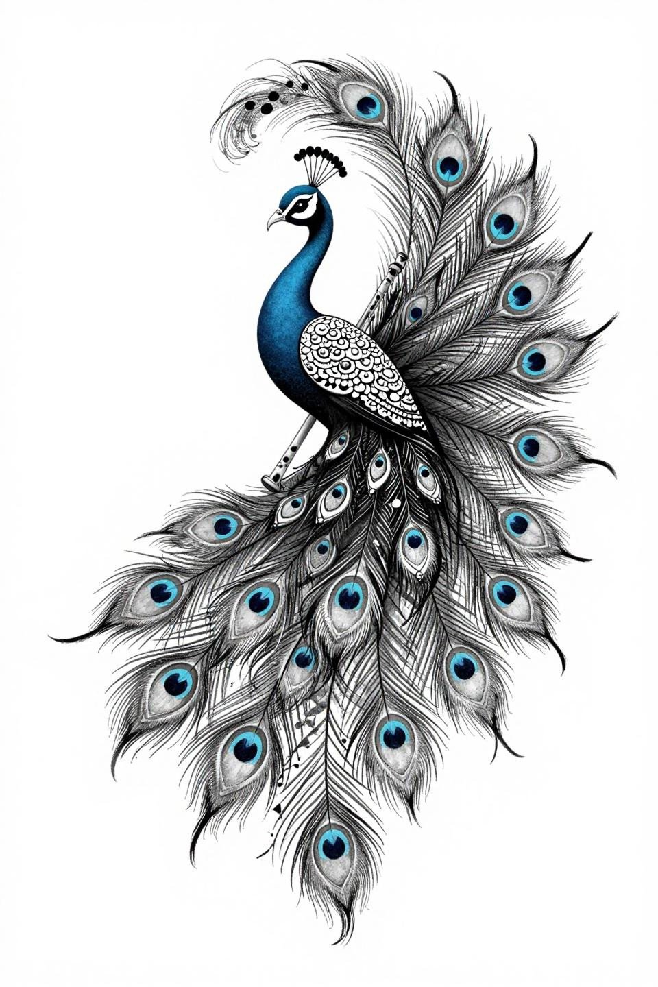 peacock mehndi designs blackwork dotwork flash, stipple dot gradient dense at core open at feather tips, Krishna flute throat, bindi feather details